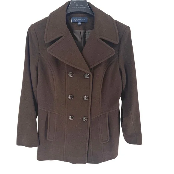 Anne Klein Womens Brown Wool Blend Double Breasted Pea Coat‎ Jacket Size L