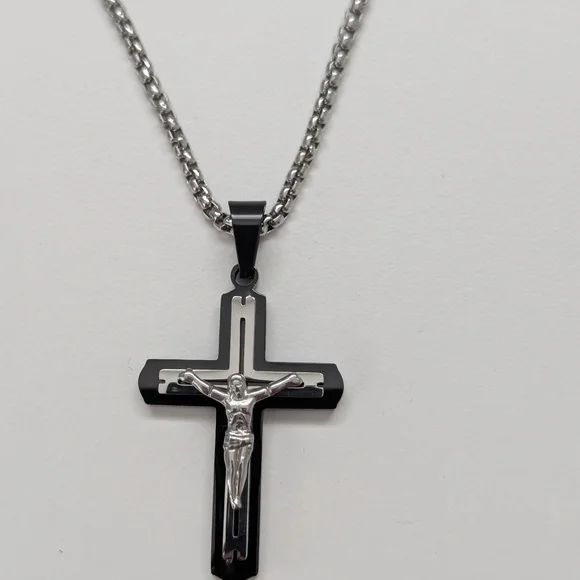 Silver and Black Cross Pendant Necklace