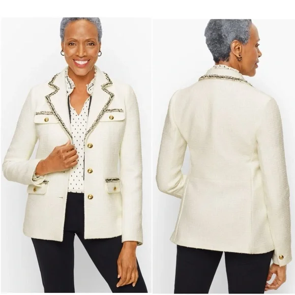 EUC Talbots Cream Tweed Blazer w/ Fringe Trim