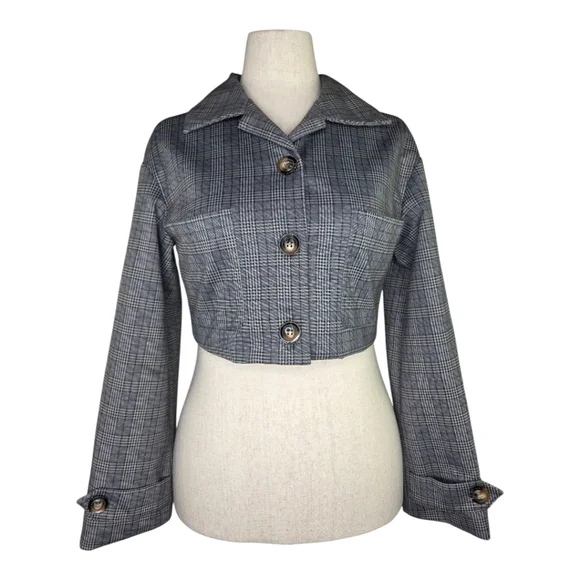 Farrow M Cropped Plaid Button Front Jacket Glen Check Boxy Stretch Blazer