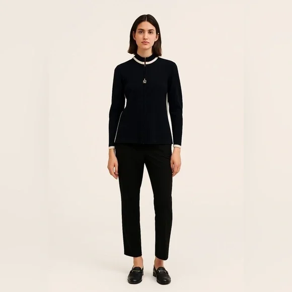 ST. JOHN Collection by Marie Gray | Knit Black Cream Contrast Front Zip