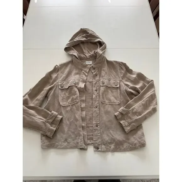 Nicole Miller New York Women's Large Pocket Hooded Linen Blend Button Jacket Tan