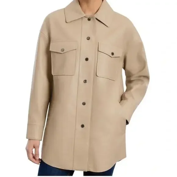 BCBGMAXAZRIA Faux-Leather Shirt Jacket Tan Oversized Fit Womens Sz S
