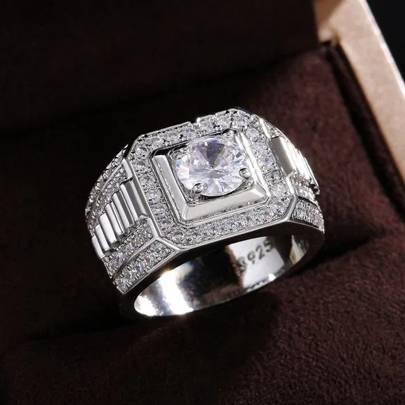 🍁 Fever Square Glitter Zircon Silver Chunky Wedding Rings for Man, PD663