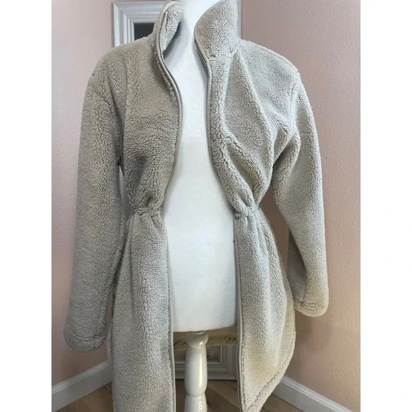 Zella Womens Faux Fur Fleece Full Zip Jacket Oatmeal Beige XS Cinched Waist