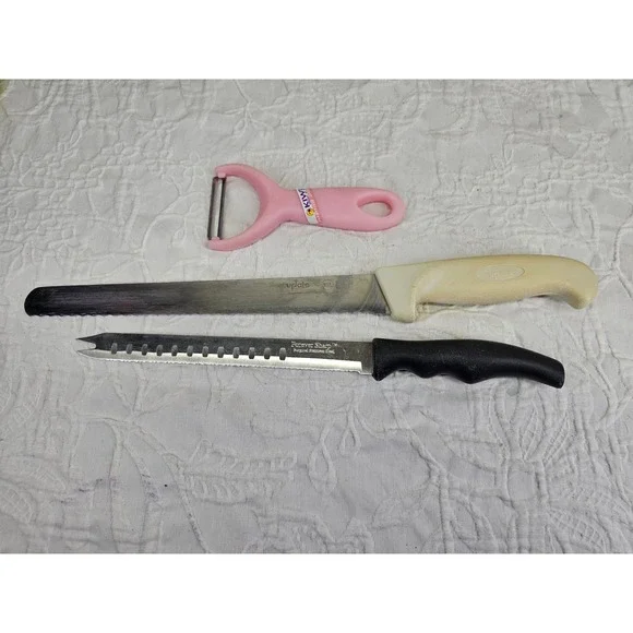 Forever Sharp Update Kiwi Knife Peeler Set 3pc Pink Black Cream Good Serrated