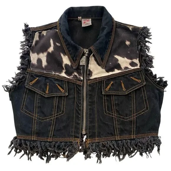 Y2K Frayed Denim Vest With Upcycled Marilyn Skeleton Image Black Size 6