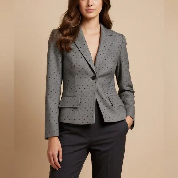 Escada Pure New Wool Gray Black Polka Dot OneButton Blazer Jacket Silk Lining 38