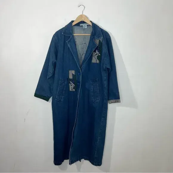 Vintage Denim Applique Created By Connie Oversized Long Trench Coat Size XS