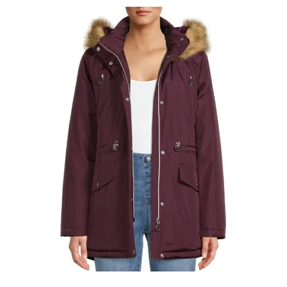 New Faux Fur Trimmed Hood Heavy Coated Anorak Coat.
