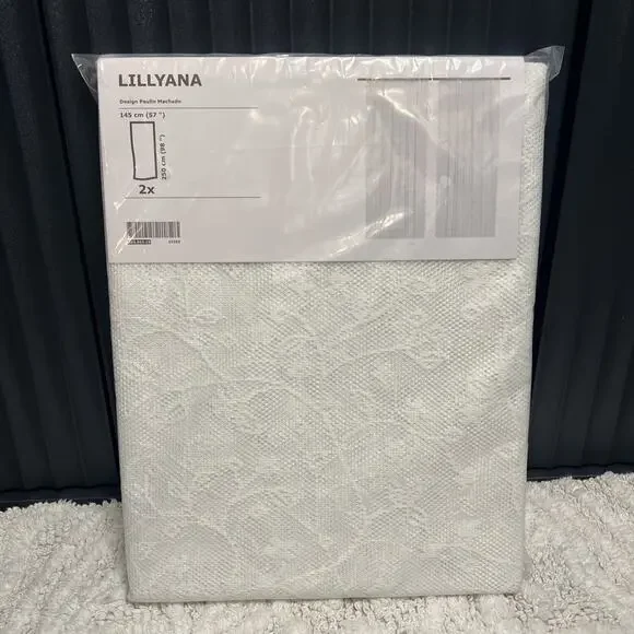 Ikea Lillyana Pair Sheer Net Curtains White Flowers Lace Scallop Panels 98” Long