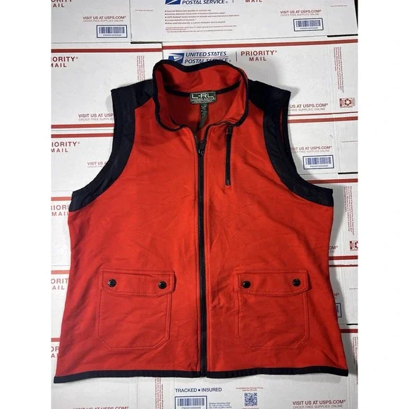 Lauren Ralph Lauren Active‎ Vest Women's XLarge Red Full Zip Sleeveless Pockets
