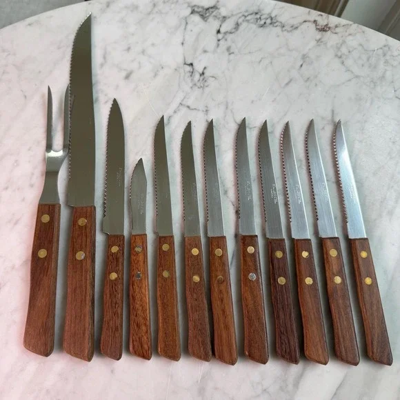 VTG 70s Mid Century Flatware Wood Handle Cutlery Set Japan Carving Knife Fork