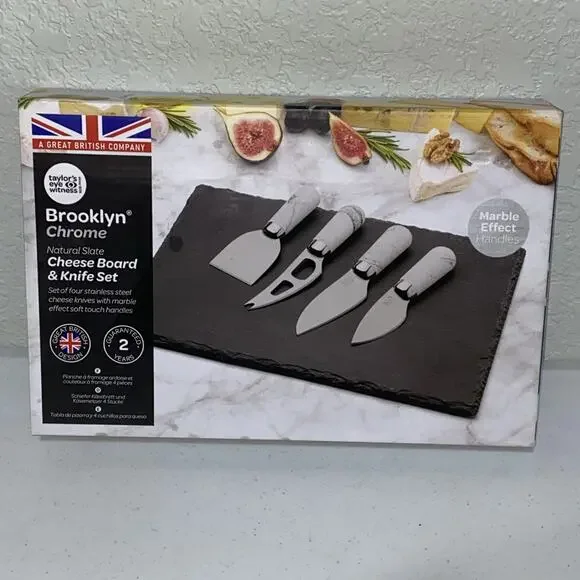 Natural Slate‎ Charcuterie Cheese Board & Knife Set 5 Pc Brooklyn Chrome NEW