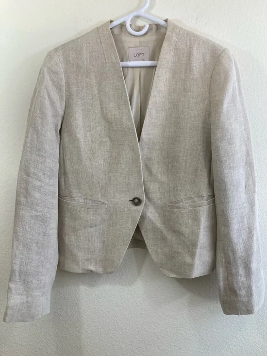 LOFT One Button Herringbone Blazer Size 8 Beige Linen Color Jacket