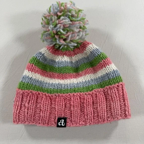 Ambler Mountain Works‎ Kids Small Wool Beanie Pink Green Striped Pom Pom Fleece