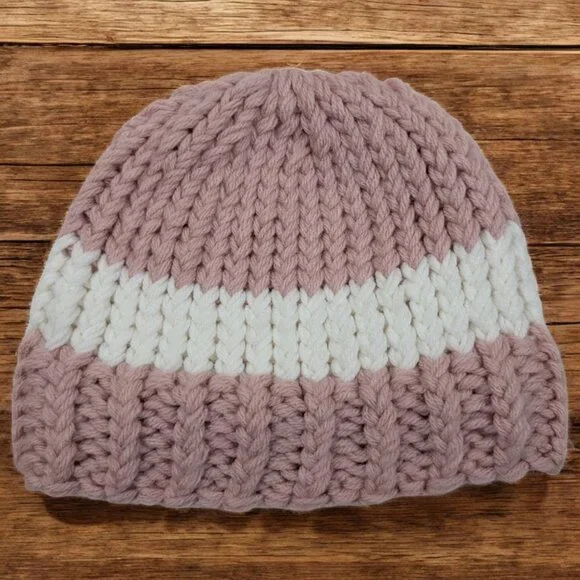 Hand Knit Hat Beanie Pink White kids Girls‎ Youth Child