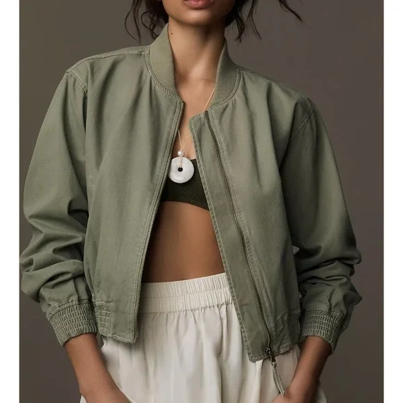Pilcro Canvas Cropped Bomber Jacket Sage Green Womens XL Zip Front Utility
