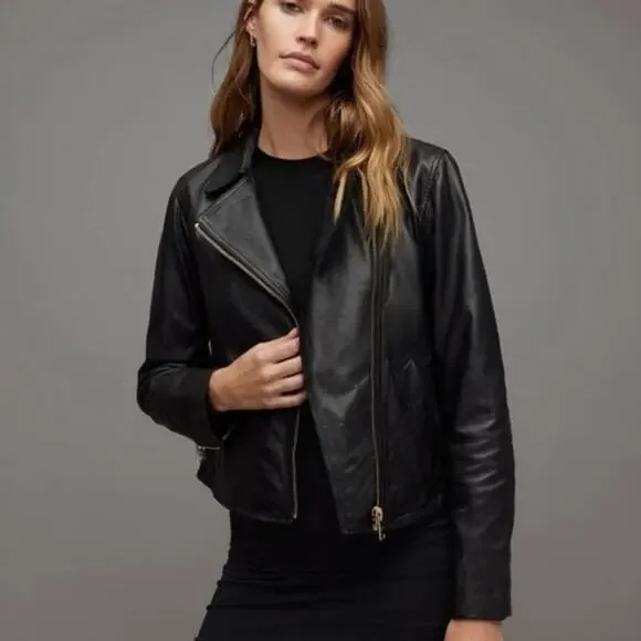 ALLSAINTS Vela Lamb Leather Black Biker Jacket Size 0