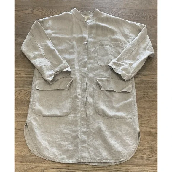 Eileen Fisher Organic Linen Dress Jacket Coat Beige Snap Front Women's S