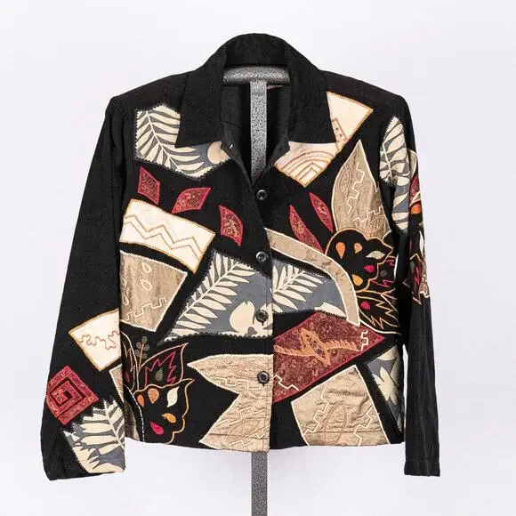 Vintage Embroidered Patchwork Corduroy Jacket Women's MEDIUM Boho Western Fall