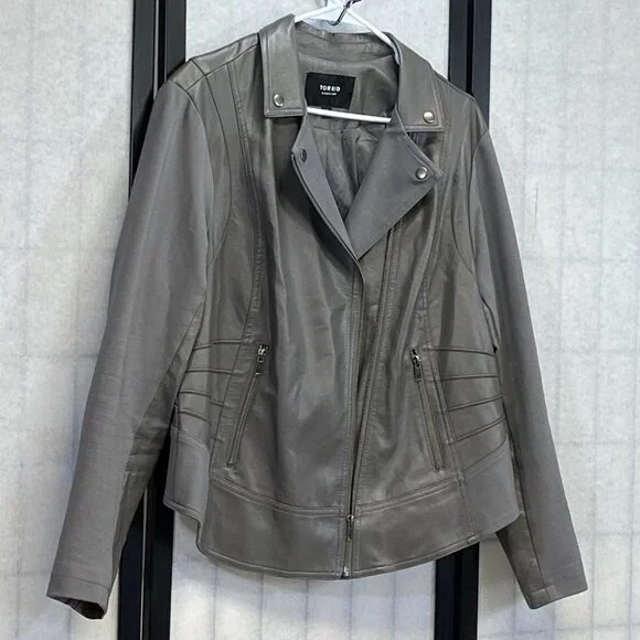 Torrid Mixed Faux Leather & Knit Zip Front Crop Moto Jacket Grey 2 Long Sleeve