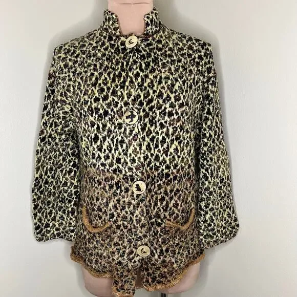 70s Carol Horn Sweater Jacket Large Womens Leopard Chenille Knit Wood Button Vtg