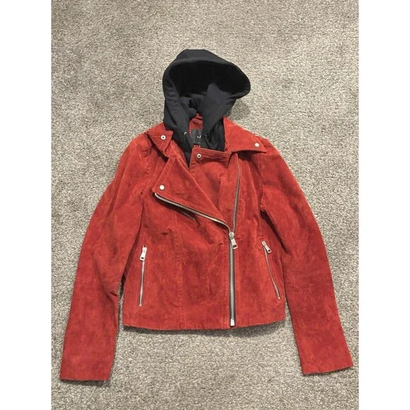 7 For All Mankind Leather Suede Moto Jacket Removeable Hood Women’s Small Red