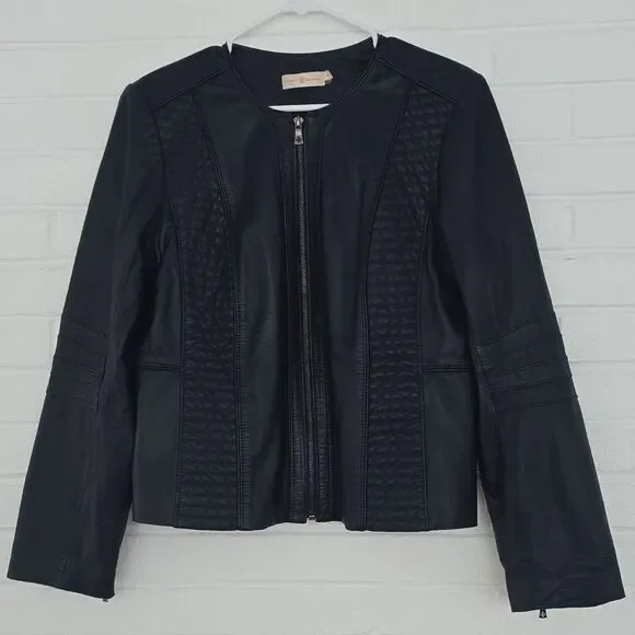 Tory Burch Leather Biker Jacket Cropped Navy Size 14