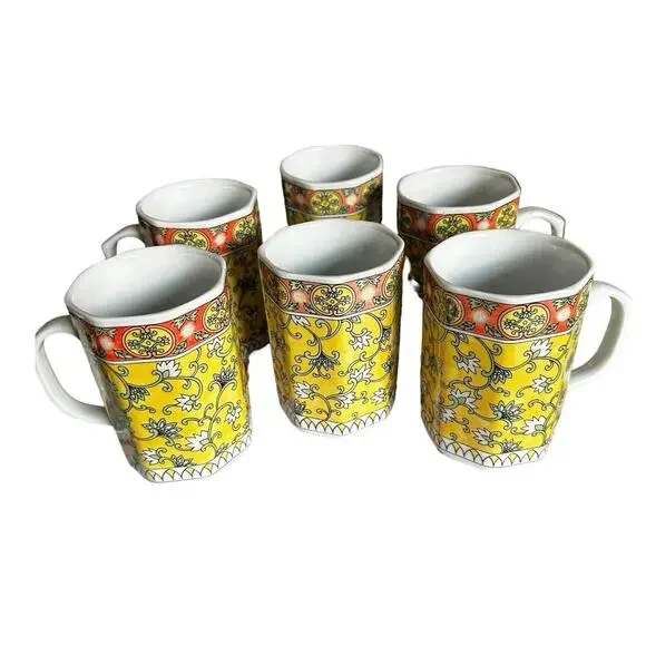 Vintage Yellow & Red Octagon, Floral Paisley Tea, Coffee Cup, Set of 6 (RARE)