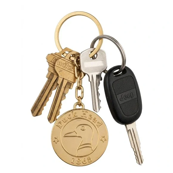 Duck Head 1865 Gold Tone Medallion Keychain Mallard Logo Vtg Key Fob Retro
