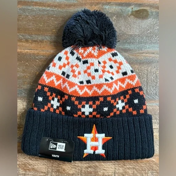 Ⓜ️New Era Youth Houston Astros‎ Knit Pom Beanie  Navy/Orange NWT