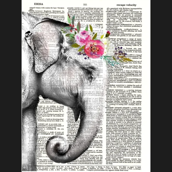 Boho Elephant Vintage Dictionary Art Print Decor
