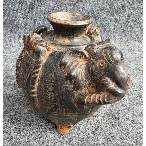 Elephant-Themed Black Terracotta Decorative Pot Made In Thailand