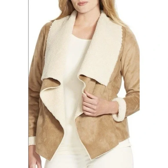 Ralph Lauren Faux Suede Sherpa Fleece Draped Front Luxury Jacket Tan Beige Small