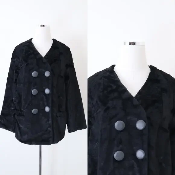 Vintage 1960s Styled By Winter Size L Faux Fur Teddy Coat Double Breasted Black