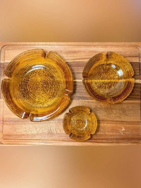 1970s Amber Glass Nesting Ashtray Set - 3 Vintage Style Trays