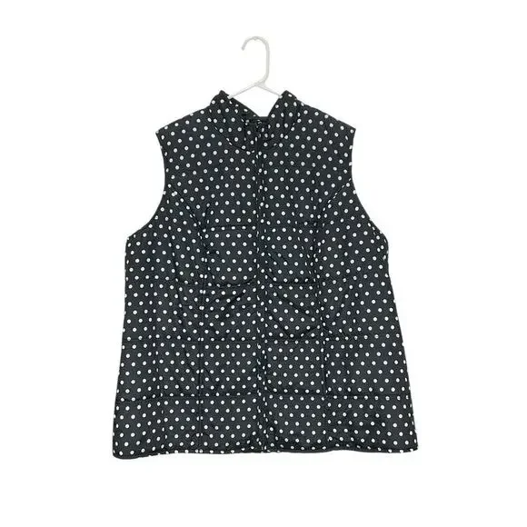 Polka Dot Puffer Vest Full Zip Pockets Black White Size 1X Plus
