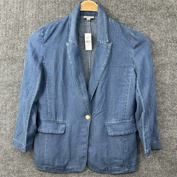 New Ann Taylor LOFT Linen Blend Chambray One Button Blazer Jacket Blue Medium