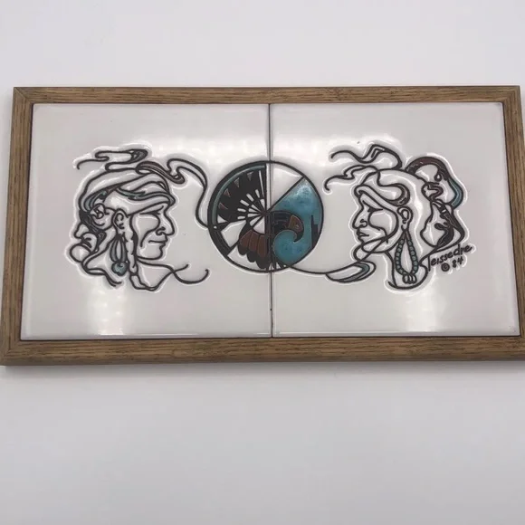 Cleo Teissedre Vintage 1984 Hand Painted Navajo Tiles In Oak Frame