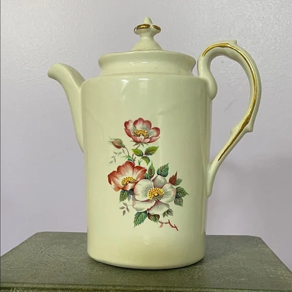 Vintage Floral Ceramic tea Pot - Cream with Pink & Green Flowers