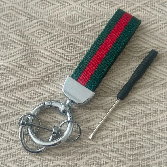 Elegant Silver Buckle Green & Red Keychain with Screwdriver NWT