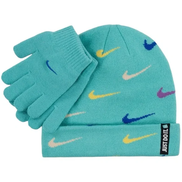 NIKE Kids Beanie & Gloves Set Swoosh Repeat Turquoise Green Frost NWT
