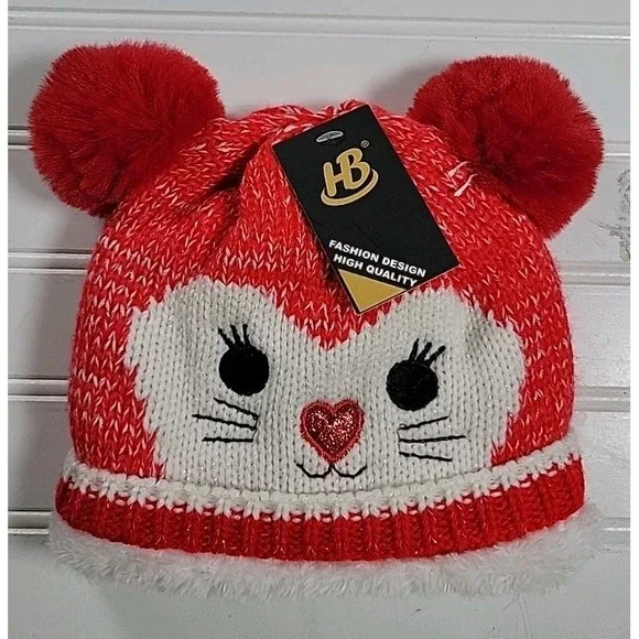 Cat Kitten Beanie Winter Hat Red White‎ One Size Girls Ears Pom Poms Nwt