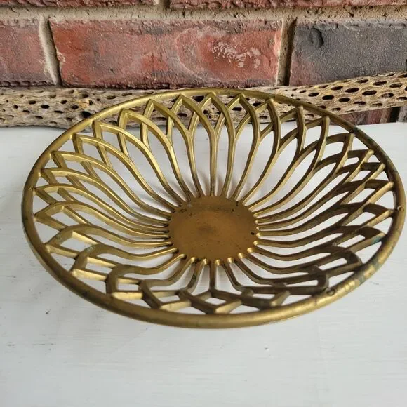 RARE Mid Century Solid Brass Openwork Lotus Bowl Tray