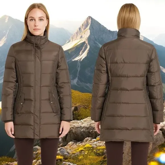 Anne Klein Womens Puffer Coat Size Small Brown Down Feather Fill Winter Jacket