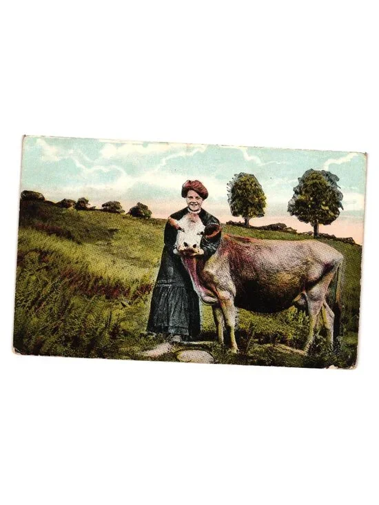 Vintage 1913 Postcard Woman Cow Pastoral Landscape Handwritten Note Stamp