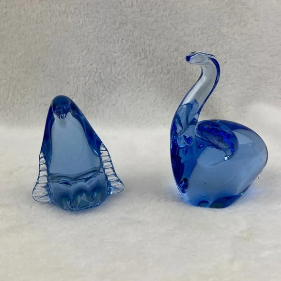 U.S. Commemorative Fine Art Gallery Blue Glass Penguin & Elephant Figurines