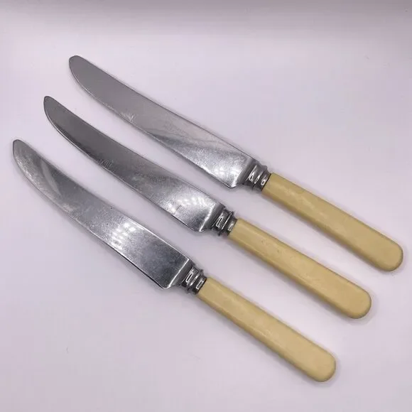Bakelite Handle Yellow SHEFFIELD Butter Knife Set of 3 Lot MCM Vintage 8