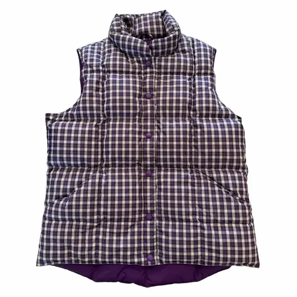 Land’s End Purple White Green Size Medium (10-12) Vest Plaid Down Quilted Puffer